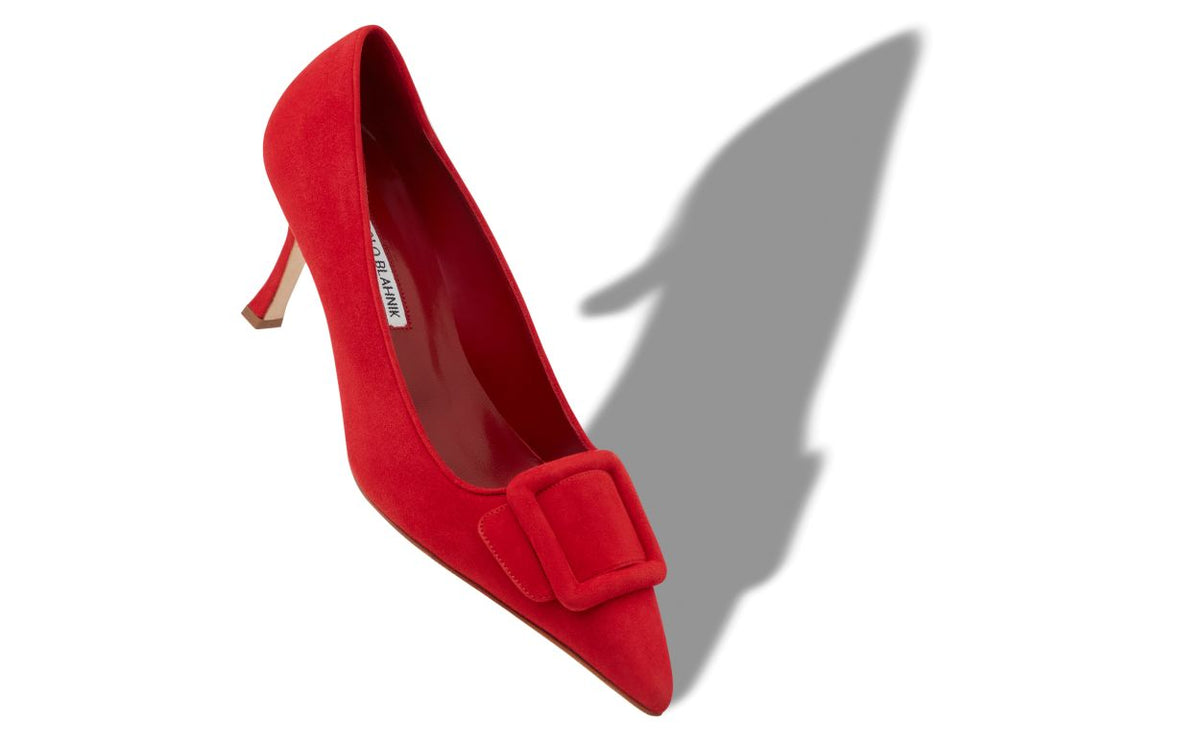 Isadora Dream Red Pointed Toe Pumps – front three-quarter view showing red pointed toe, suede, Vowalisse