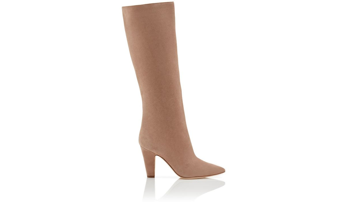 Seraphina Halo Neutral Pointed Toe Knee-High Boots – side profile showing neutral pointed toe, suede, Vowalisse