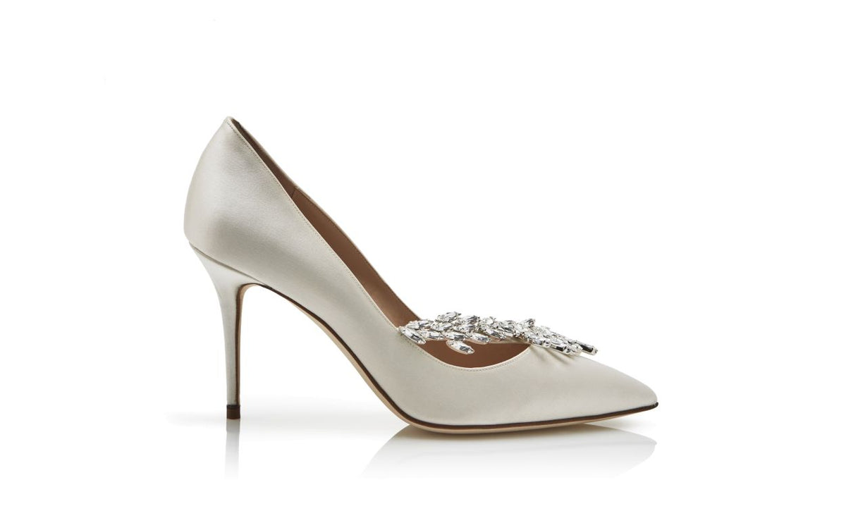 Alessia Belle White Jewel Buckle Pumps – side profile showing white jewel buckle, pointed toe, satin, Vowalisse