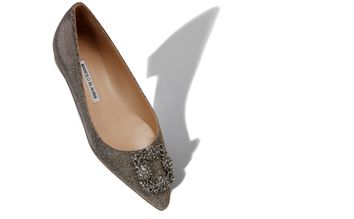 Ophelia Dream Gold Jewel Buckle Pumps – front three-quarter view showing gold jewel buckle, crystal buckle, almond toe…