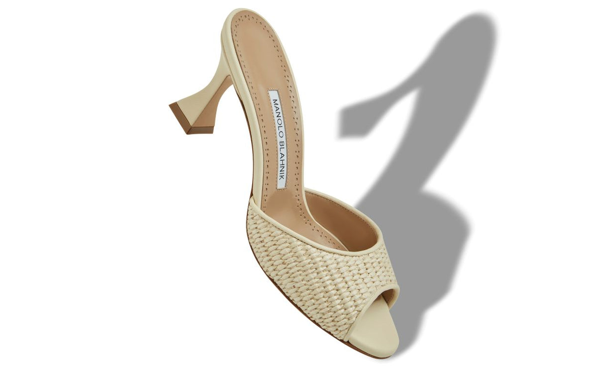 Seraphina Dream Neutral Open Toe Mules – front three-quarter view showing neutral open toe, nappa leather, raffia…