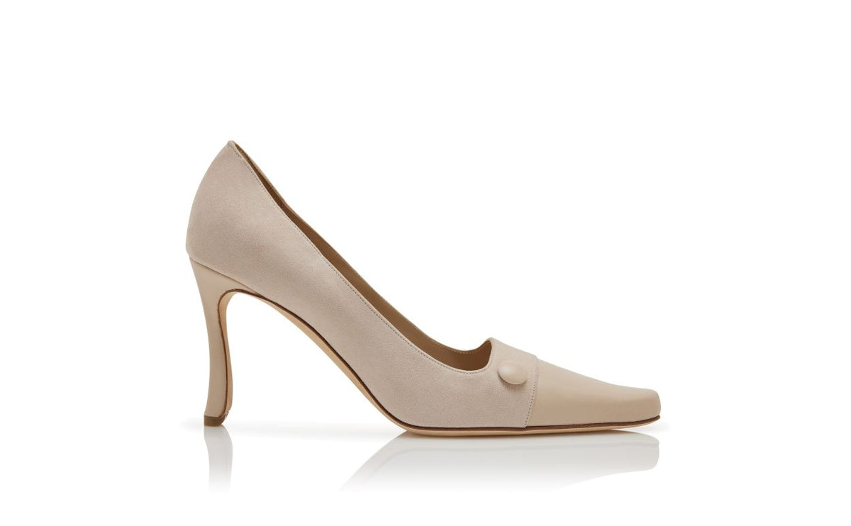 Vivienne Muse Neutral Button Detail Pumps – side profile showing neutral button detail, almond toe, suede, nappa leather…