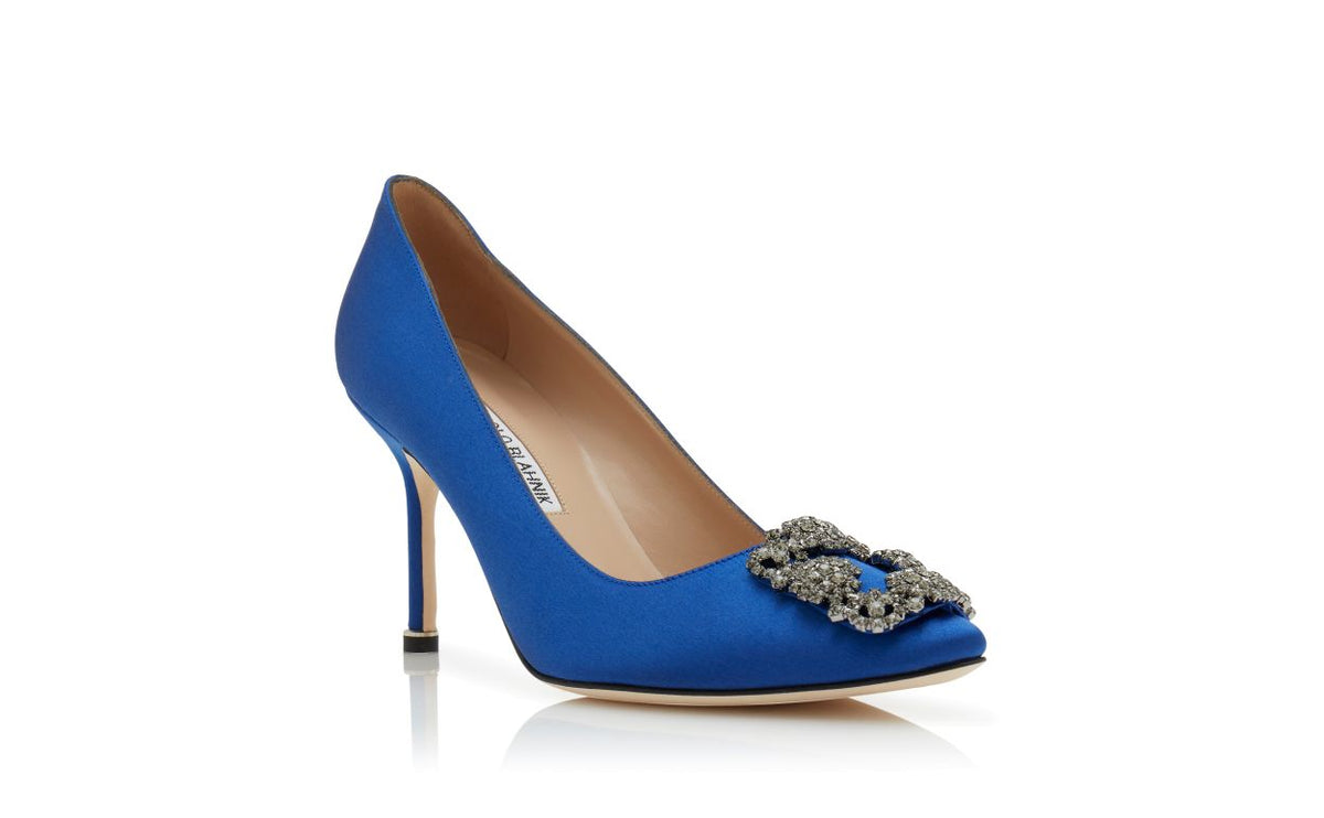 Magnolia Belle Blue Jewel Buckle Pumps – top view showing blue jewel buckle, crystal buckle, almond toe, satin, Vowalisse