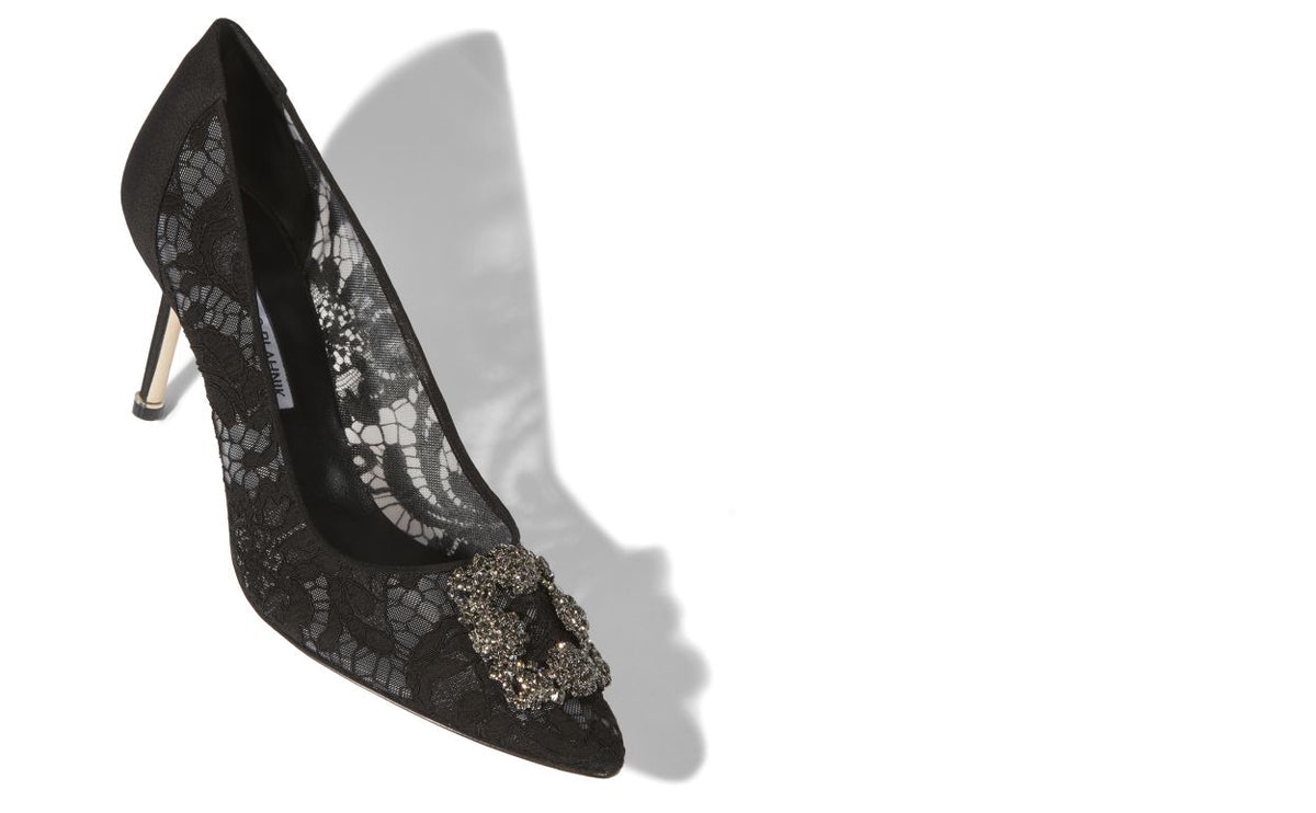 Ophelia Élan Black Jewel Buckle Pumps – front three-quarter view showing black jewel buckle, crystal buckle, almond toe…