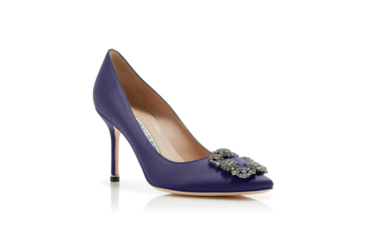 Genevieve Dream Blue Jewel Buckle Pumps – top view showing blue jewel buckle, crystal buckle, almond toe, satin, Vowalisse