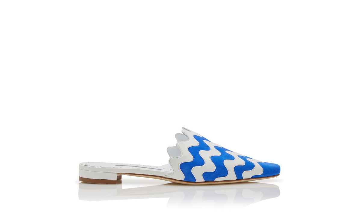 Seraphina Shine Blue Almond Toe Mules – side profile showing blue almond toe, suede, nappa leather, Vowalisse