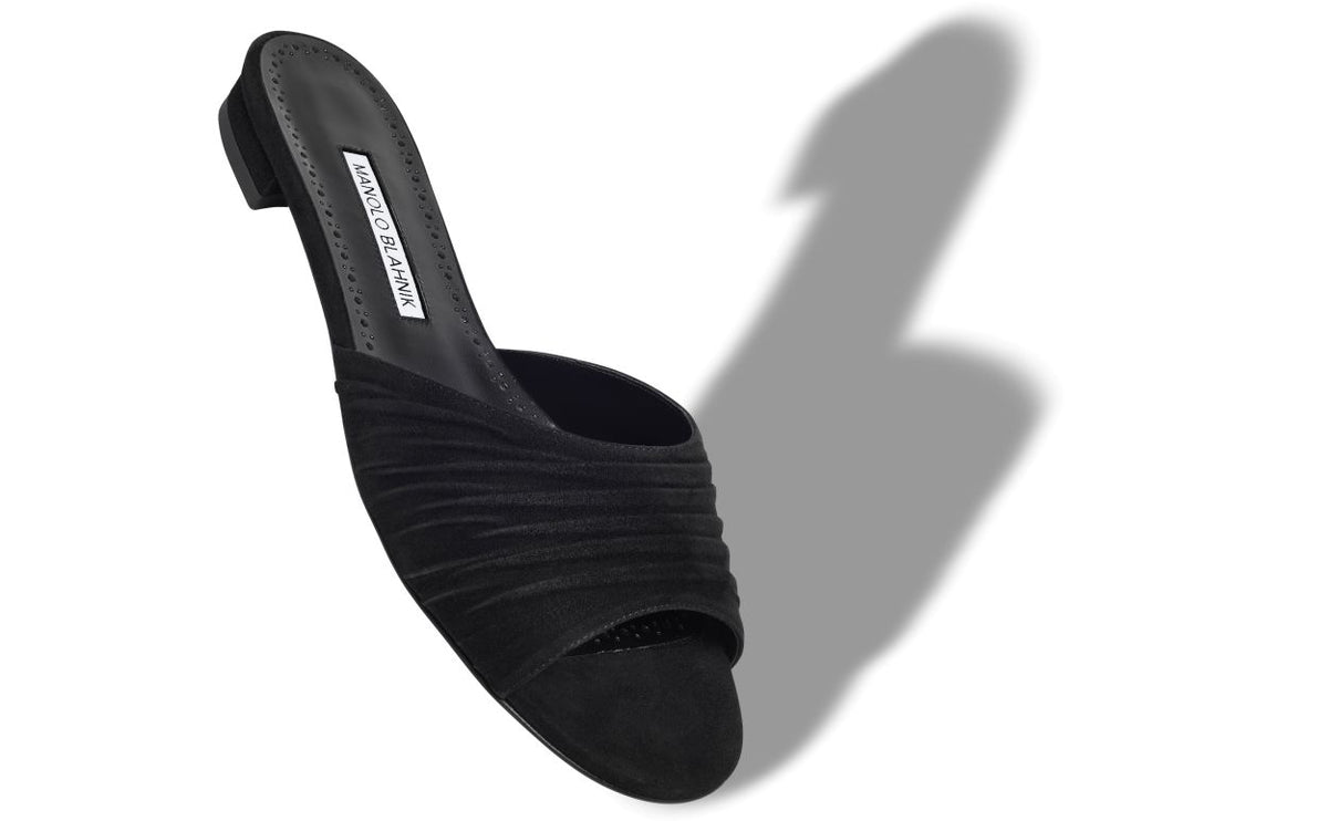 Violetta Muse Black Open Toe Mules – front three-quarter view showing black open toe, suede, Vowalisse