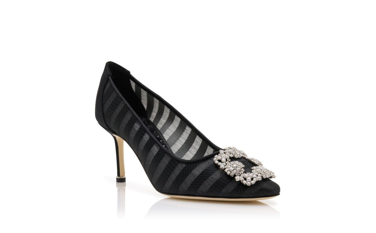 Isadora Rose Black Jewel Buckle Pumps – top view showing black jewel buckle, crystal buckle, almond toe, Vowalisse