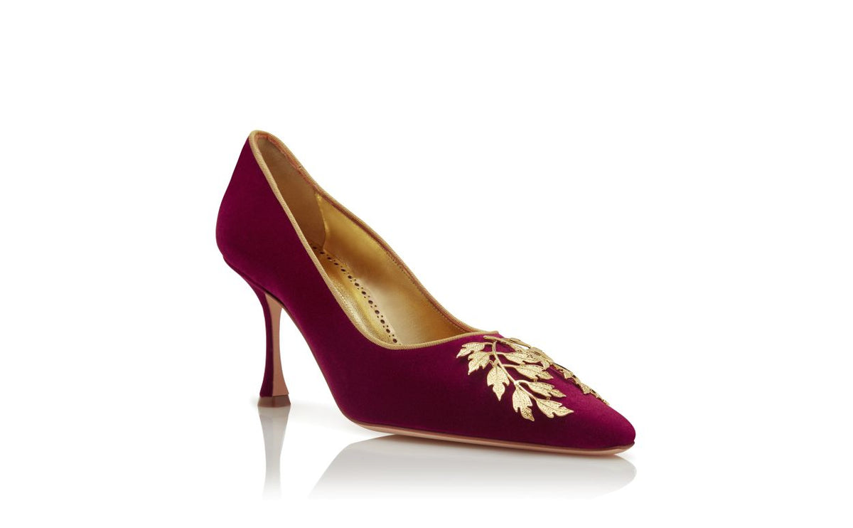 Leonora Jewel Red Almond Toe Pumps – top view showing red almond toe, velvet, Vowalisse