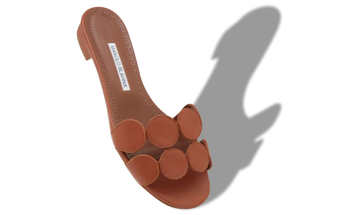 Aurelia Grace Brown Open Toe Mules – front three-quarter view showing brown open toe, nappa leather, Vowalisse