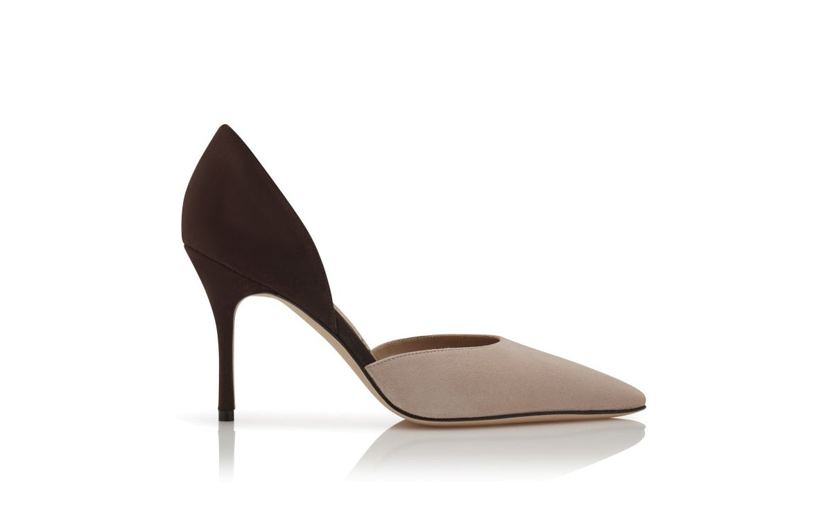 Anastasia Lace Brown Pointed Toe Pumps – side profile showing brown pointed toe, suede, Vowalisse