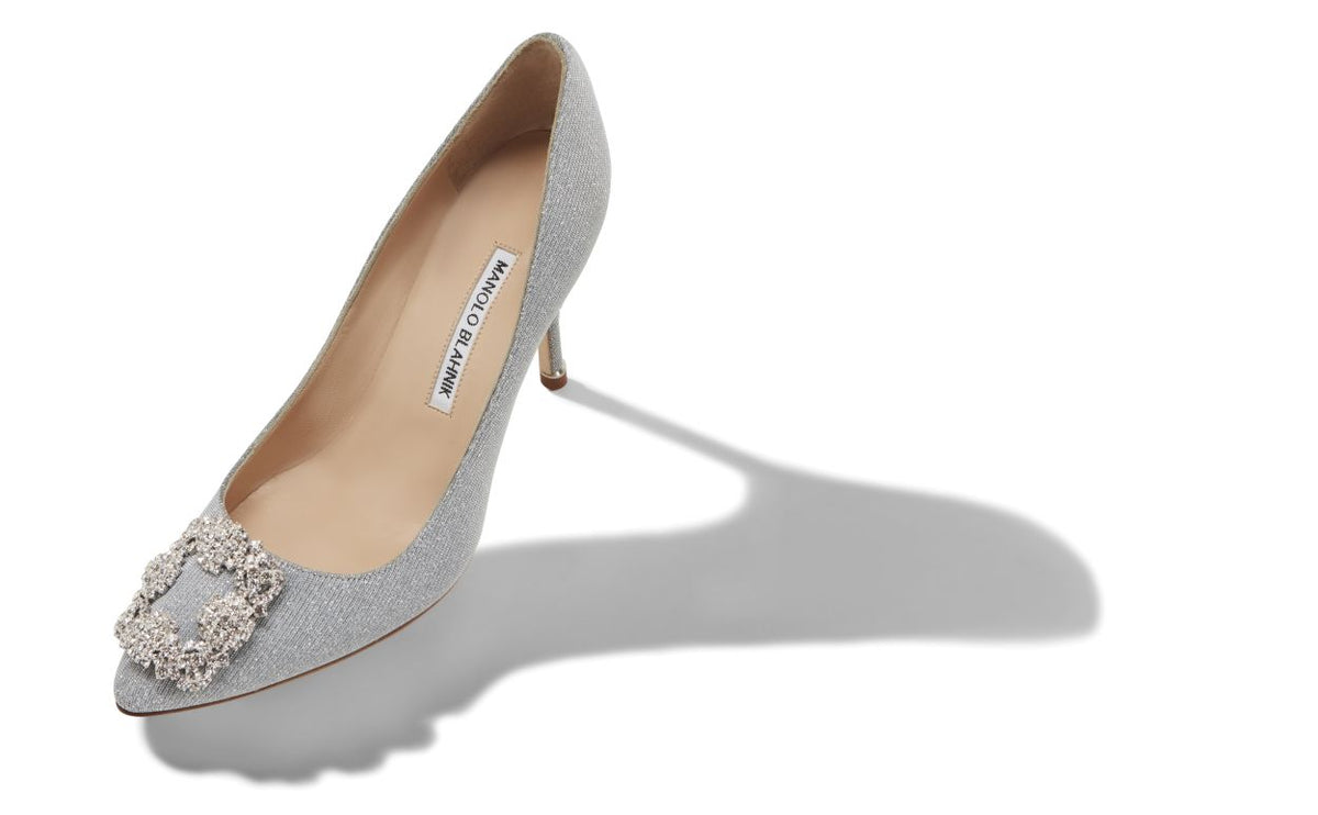 Bianca Bloom Silver Jewel Buckle Pumps – front three-quarter view showing silver jewel buckle, crystal buckle, almond toe…