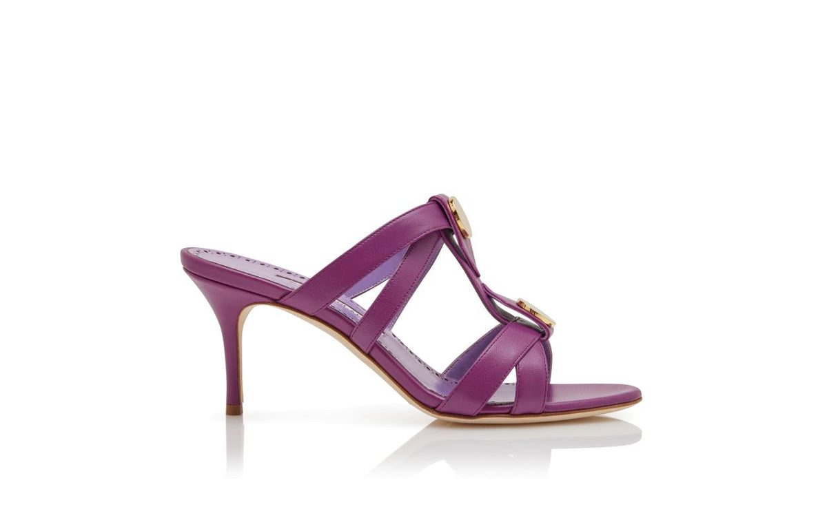 Marcella Shine Purple Button Detail Mules – side profile showing purple button detail, t-bar, open toe, nappa leather…