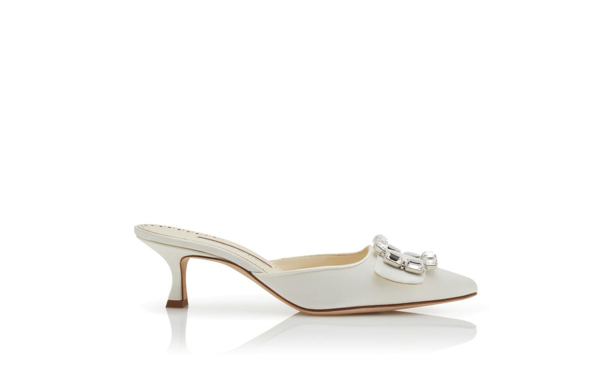 Isadora Lace White Crystal Buckle Mules – side profile showing white crystal buckle, pointed toe, satin, Vowalisse