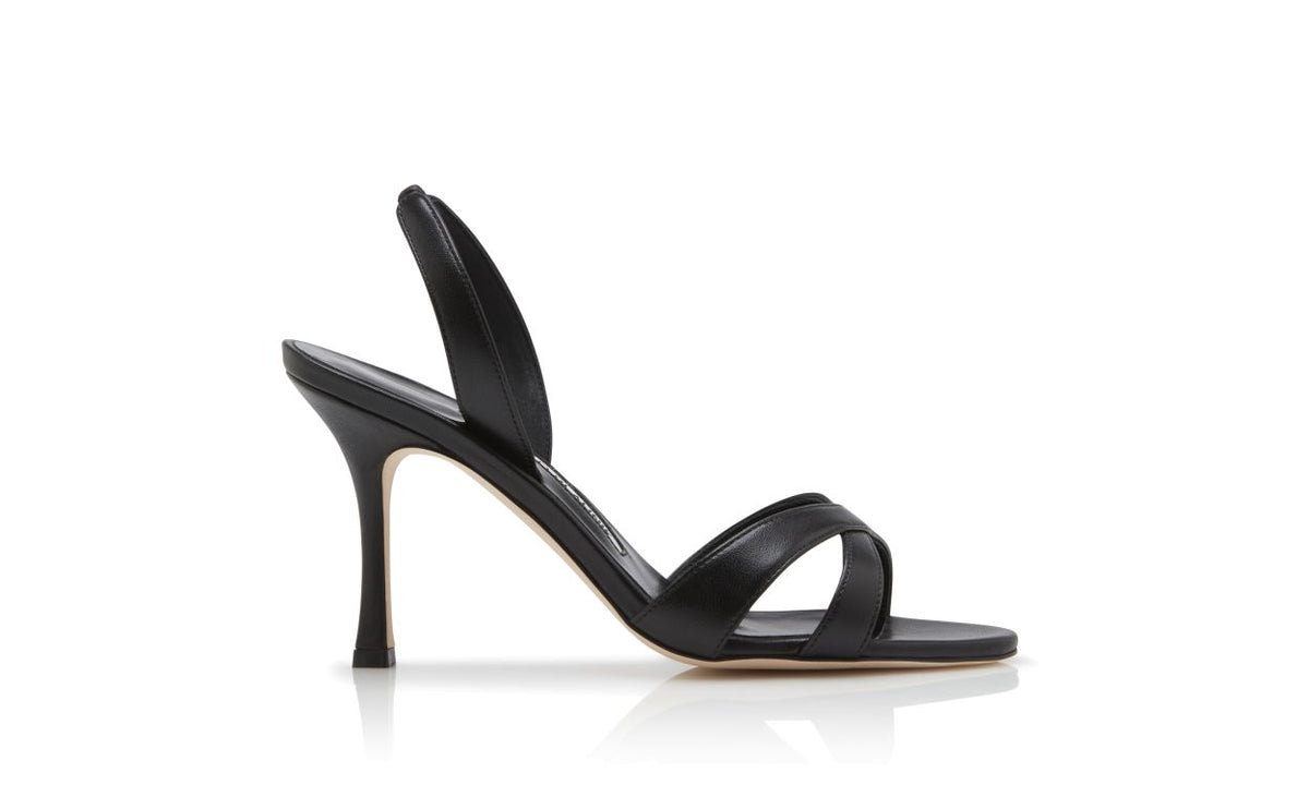 Bianca Dream Black Crossover Slingbacks – side profile showing black crossover, slingback, open toe, nappa leather…