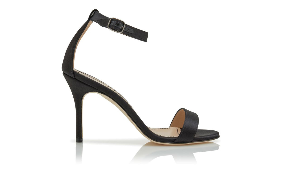 Magnolia Grace Black Ankle Strap Ankle-Strap Shoes – side profile showing black ankle strap, open toe, satin, Vowalisse