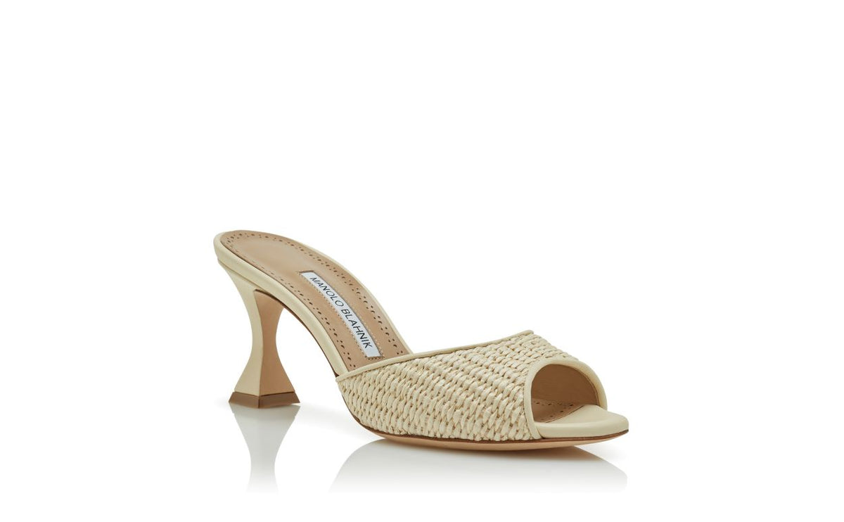 Seraphina Dream Neutral Open Toe Mules – top view showing neutral open toe, nappa leather, raffia, Vowalisse