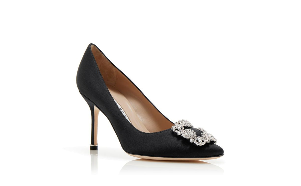 Noelle Dream Black Jewel Buckle Pumps – top view showing black jewel buckle, crystal buckle, almond toe, satin, Vowalisse