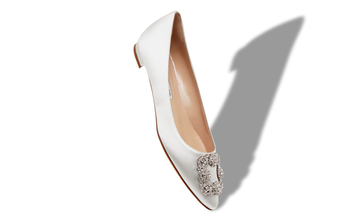 Colette Grace White Jewel Buckle Pumps – front three-quarter view showing white jewel buckle, almond toe, satin, Vowalisse