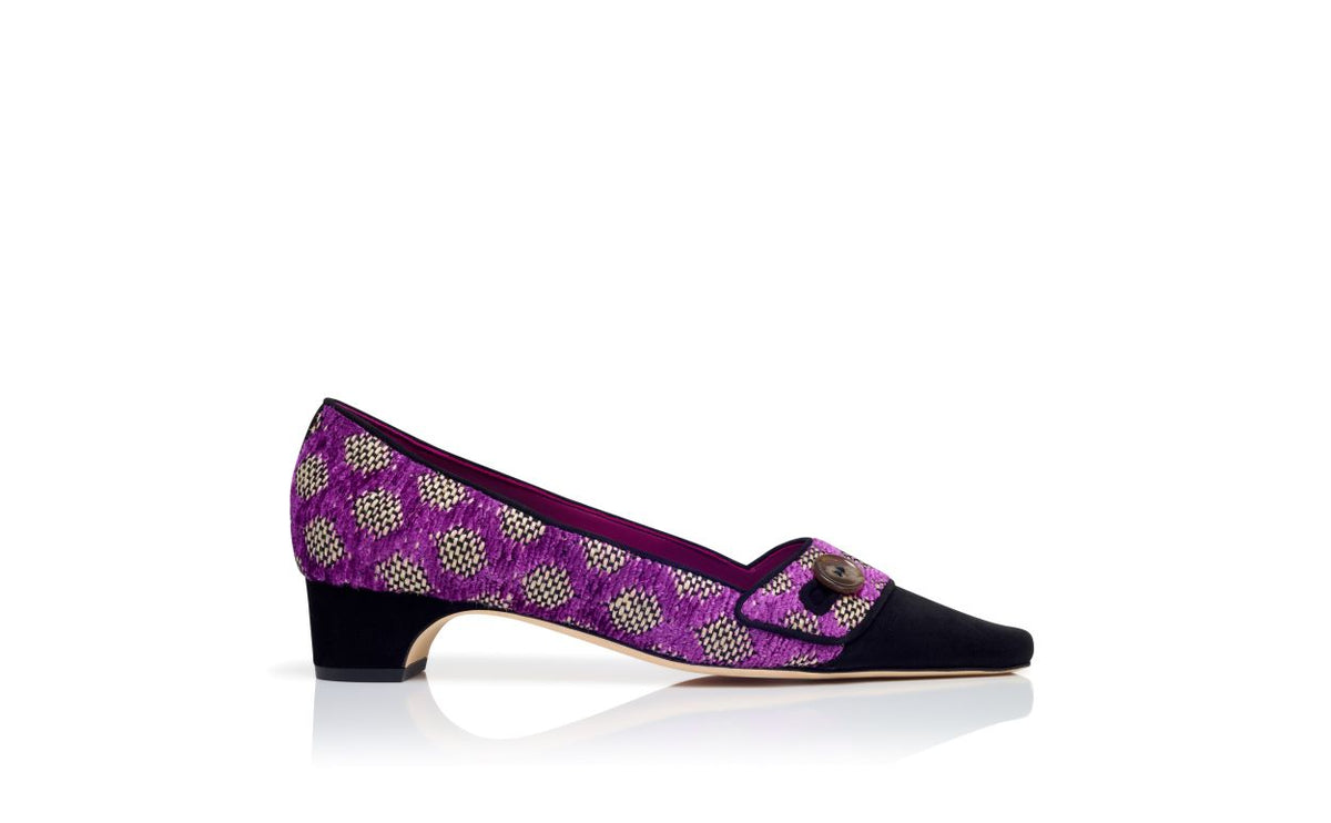Arabella Shine Purple Almond Toe Pumps – side profile showing purple almond toe, suede, raffia, Vowalisse