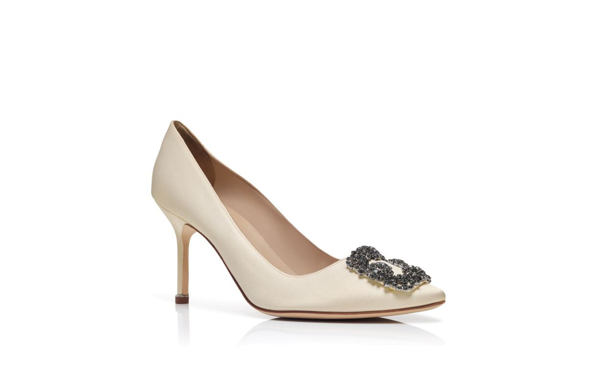 Celeste Star Neutral Jewel Buckle Pumps – top view showing neutral jewel buckle, crystal buckle, almond toe, satin…