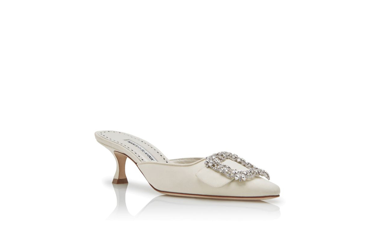 Delphine Bloom White Jewel Buckle Mules – top view showing white jewel buckle, crystal buckle, almond toe, Vowalisse
