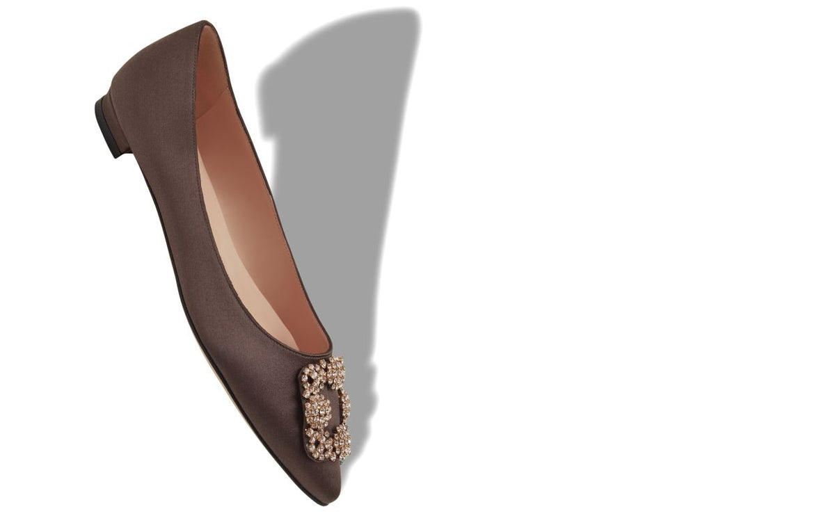 Anastasia Flame Brown Jewel Buckle Pumps – front three-quarter view showing brown jewel buckle, crystal buckle, almond toe…