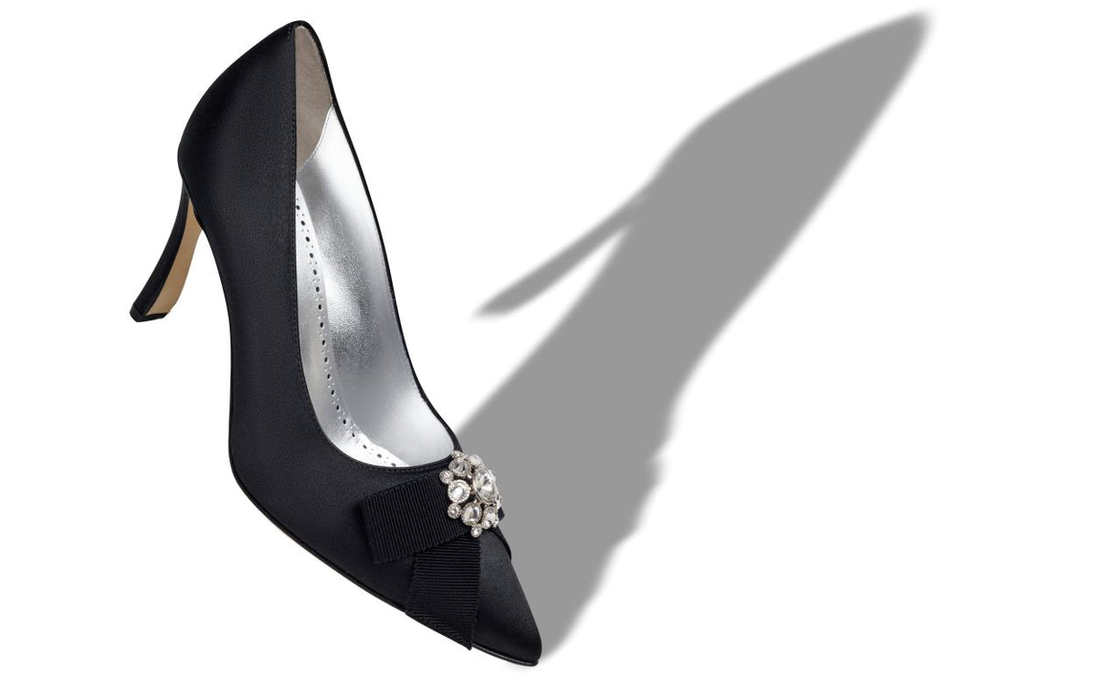 Delphine Shine Black Bow Detail Pumps – front three-quarter view showing black bow detail, pointed toe, satin, Vowalisse