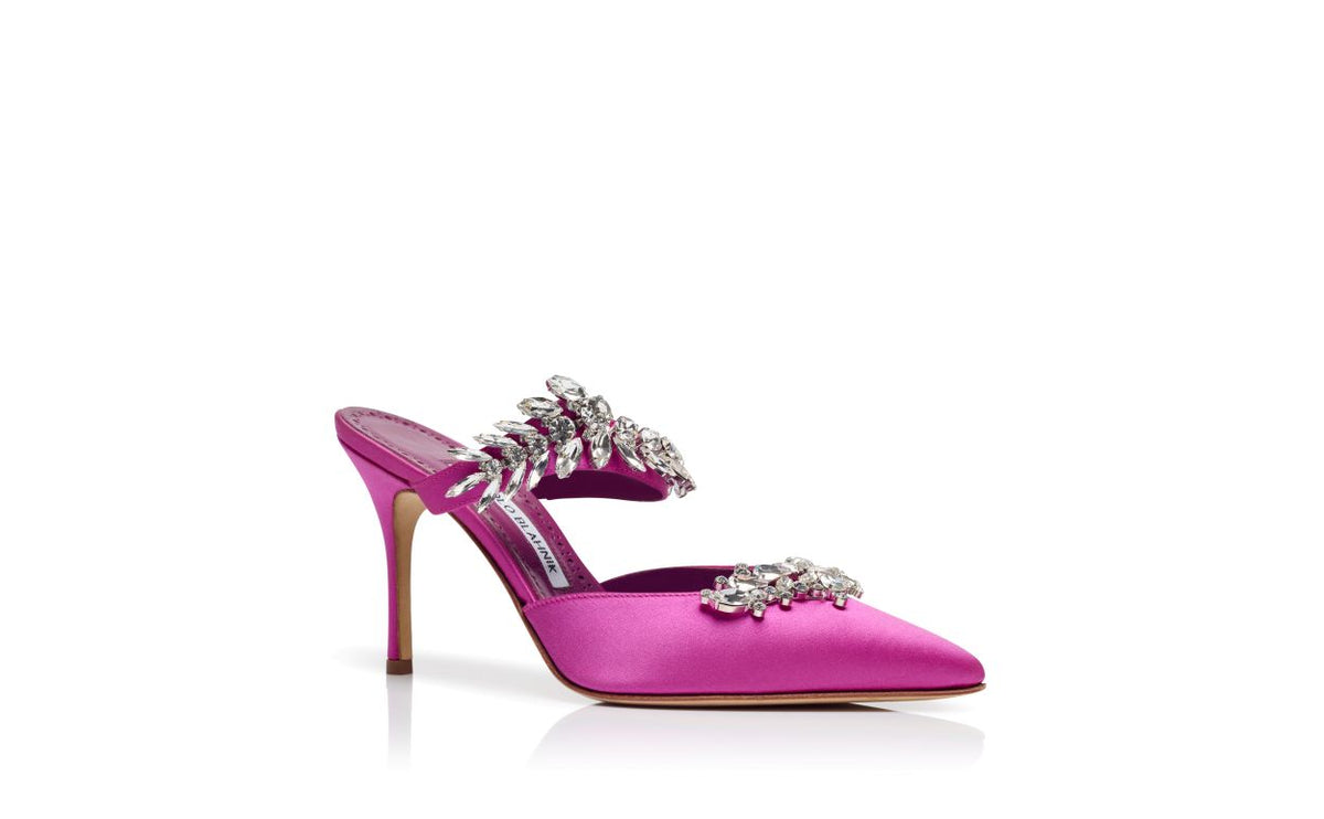 Estelle Shine Purple Crystal Embellished Mules – top view showing purple crystal embellished, pointed toe, satin, Vowalisse