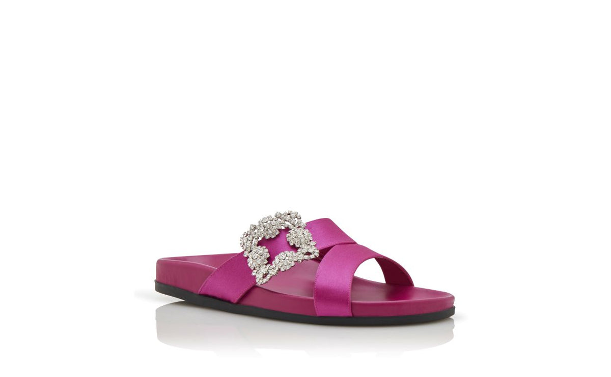 Celeste Halo Pink Jewel Buckle Mules – top view showing pink jewel buckle, crossover, open toe, satin, Vowalisse