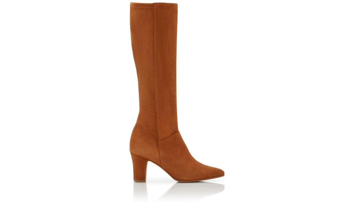 Evangeline Halo Brown Pointed Toe Knee-High Boots – side profile showing brown pointed toe, suede, Vowalisse