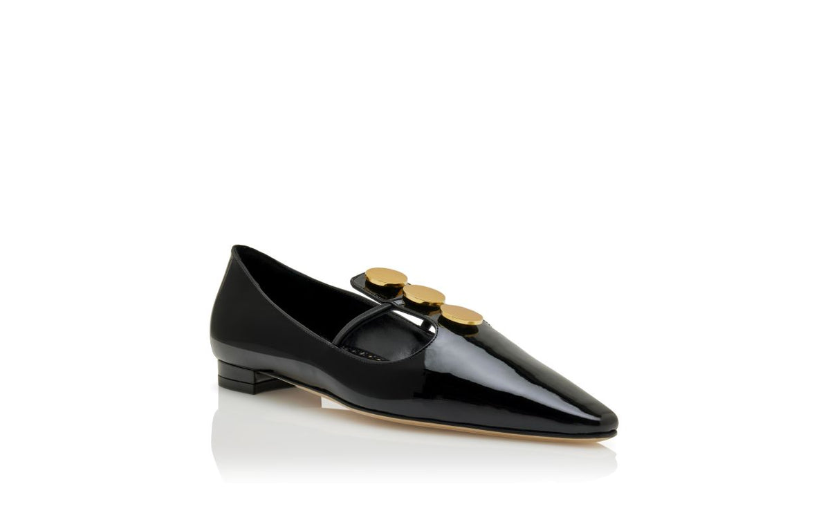 Celeste Shine Black Button Detail T-Bar Shoes – top view showing black button detail, almond toe, patent leather, Vowalisse