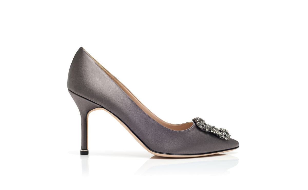 Bianca Jewel Grey Jewel Buckle Pumps – side profile showing grey jewel buckle, crystal buckle, almond toe, satin, Vowalisse