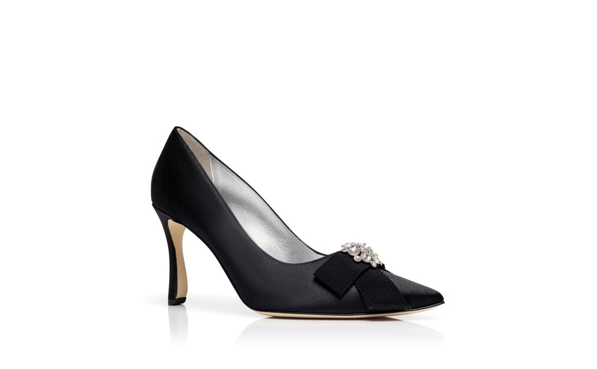 Delphine Shine Black Bow Detail Pumps – top view showing black bow detail, pointed toe, satin, Vowalisse