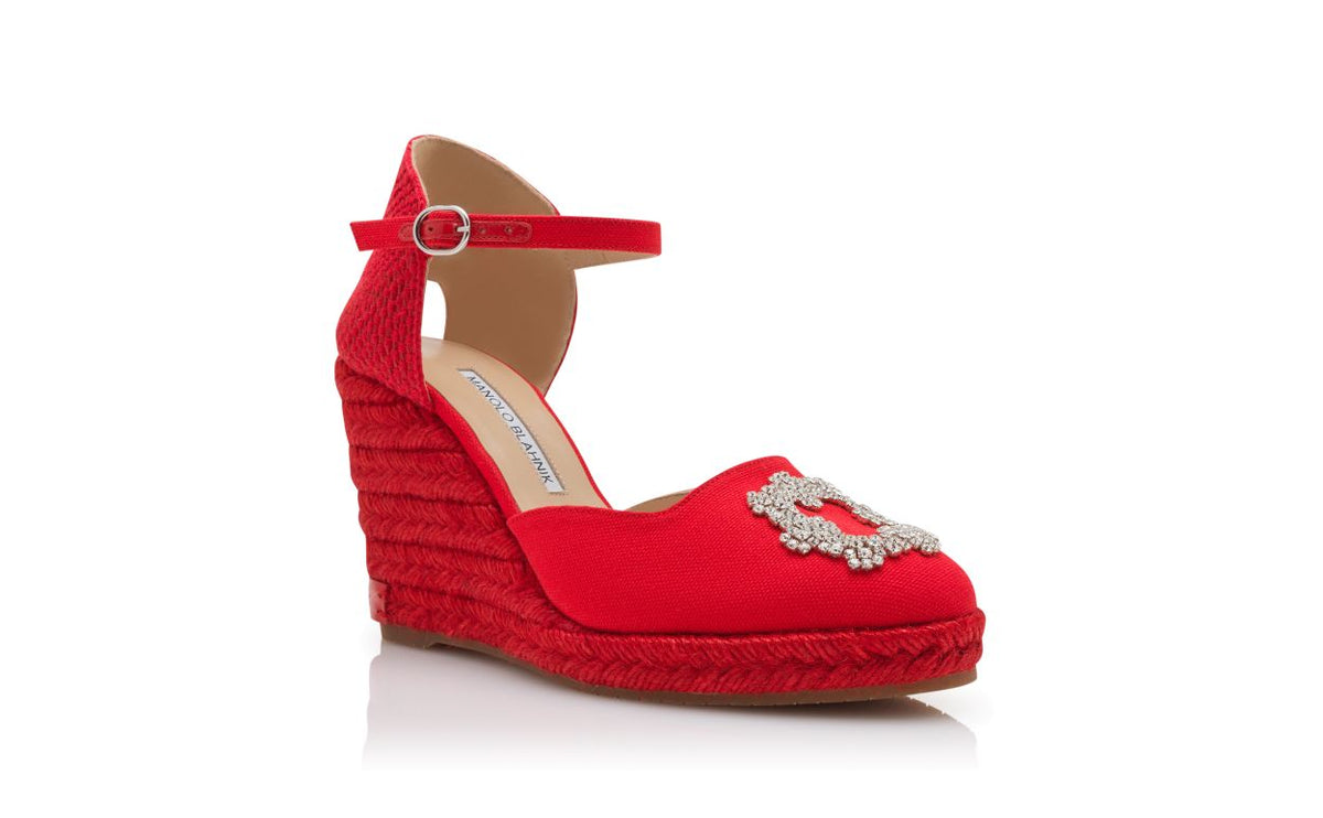 Valentina Shine Red Crystal Buckle Espadrilles – top view showing red crystal buckle, crystal embellished, ankle strap…