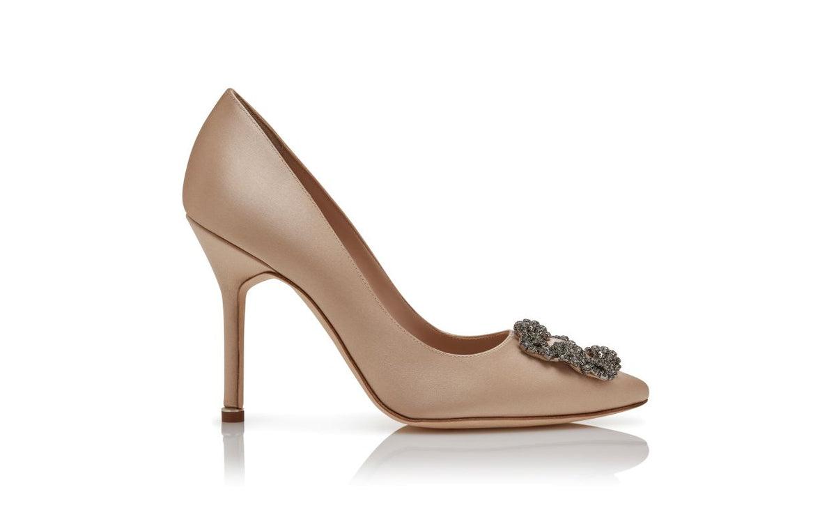 Rosalie Belle Neutral Jewel Buckle Pumps – side profile showing neutral jewel buckle, crystal buckle, almond toe, satin…