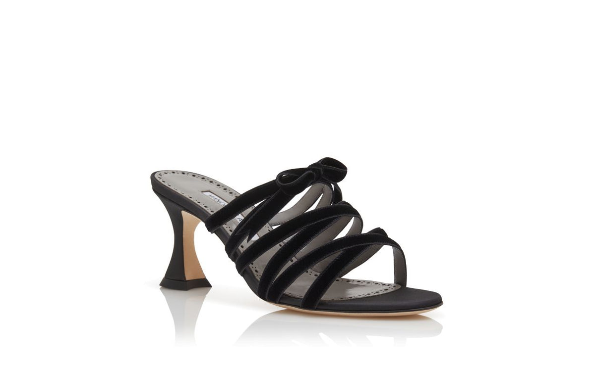 Odette Halo Black Bow Detail Mules – top view showing black bow detail, open toe, velvet, Vowalisse