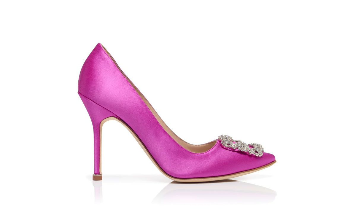Aurelia Lace Pink Jewel Buckle Pumps – side profile showing pink jewel buckle, almond toe, satin, Vowalisse