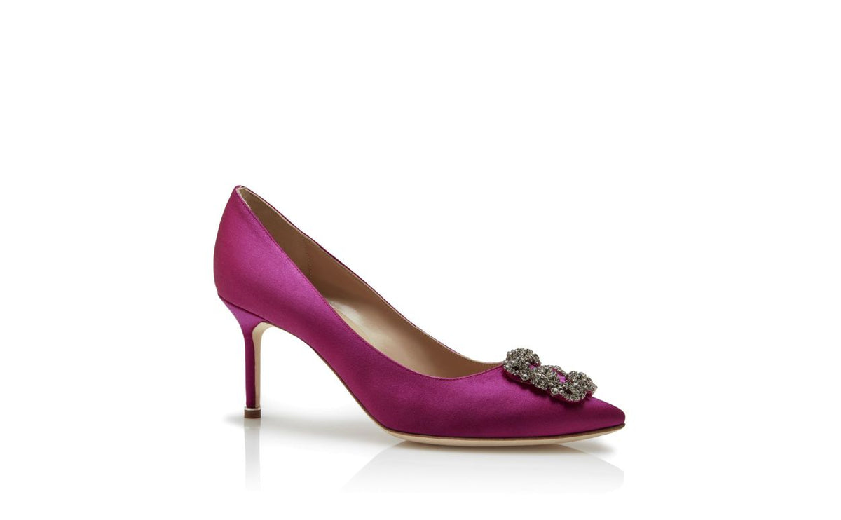 Estelle Bloom Pink Jewel Buckle Pumps – top view showing pink jewel buckle, crystal buckle, almond toe, satin, Vowalisse