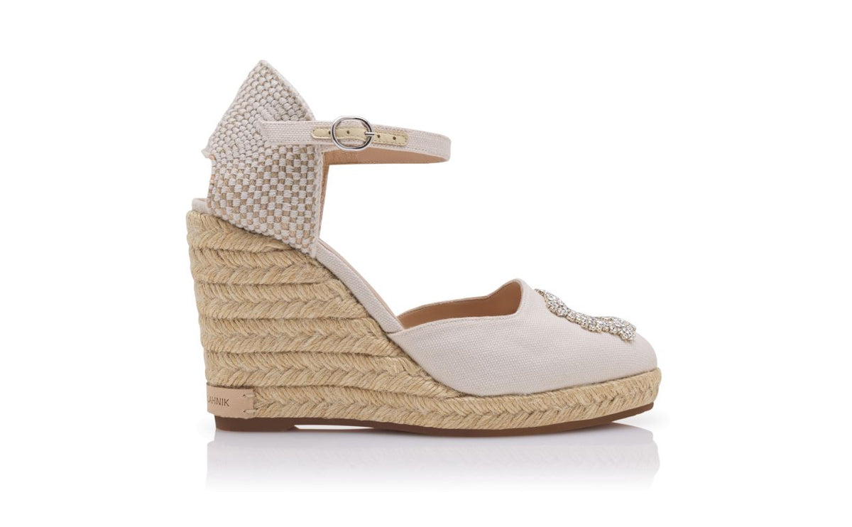 Estelle Halo White Crystal Buckle Espadrilles – side profile showing white crystal buckle, crystal embellished, ankle strap…