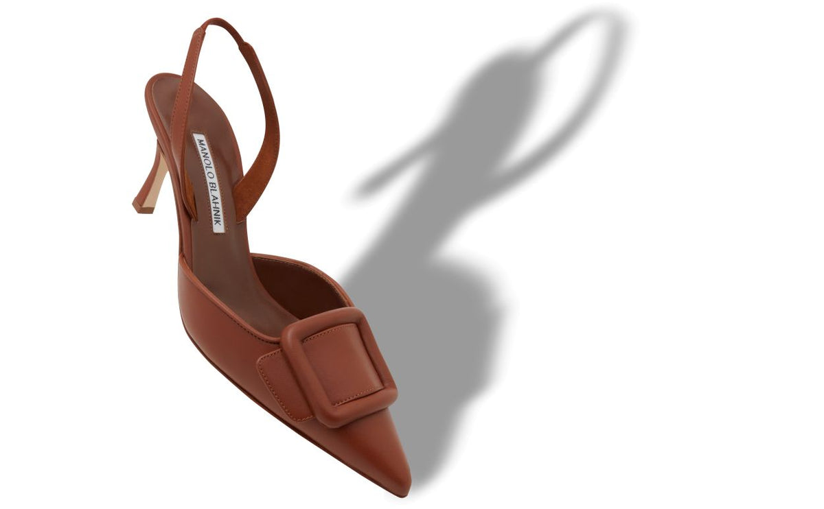 Colette Crown Brown Slingback Slingbacks – front three-quarter view showing brown slingback, pointed toe, nappa leather…