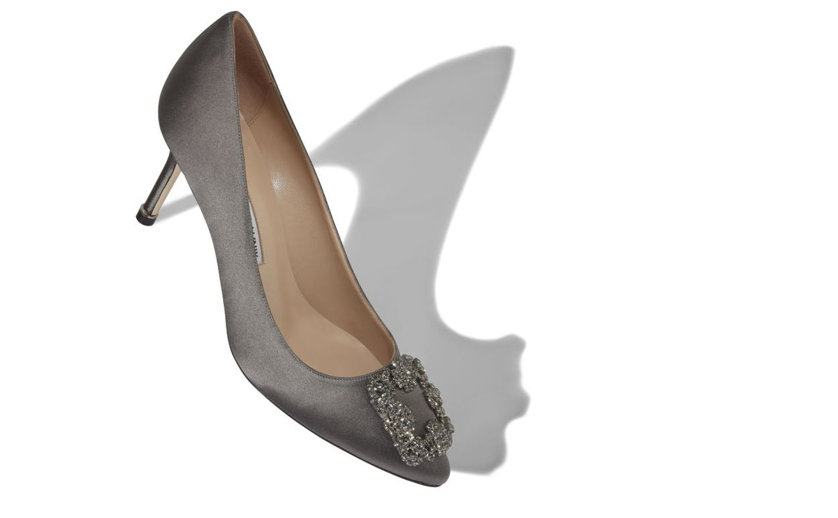 Anastasia Élan Grey Jewel Buckle Pumps – front three-quarter view showing grey jewel buckle, crystal buckle, almond toe…