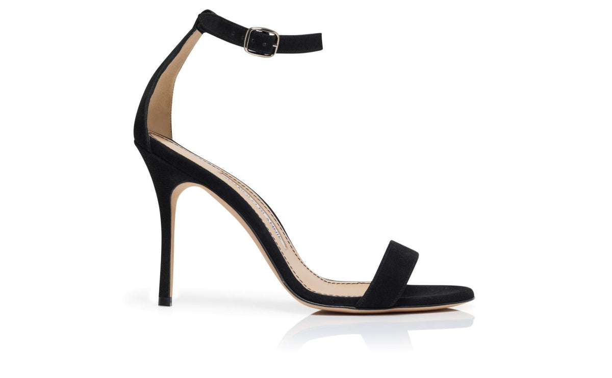 Celeste Pearl Black Ankle Strap Ankle-Strap Shoes – side profile showing black ankle strap, open toe, suede, Vowalisse