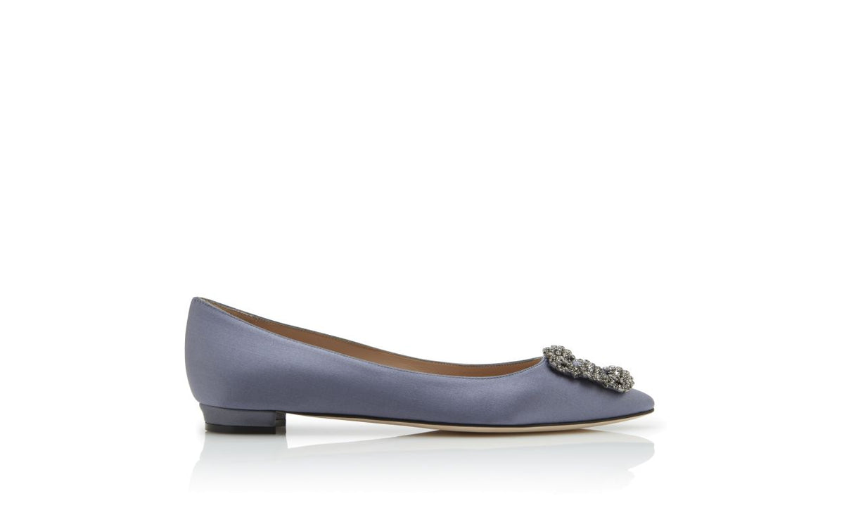 Aurelia Dawn Blue Jewel Buckle Pumps – side profile showing blue jewel buckle, crystal buckle, almond toe, satin, Vowalisse