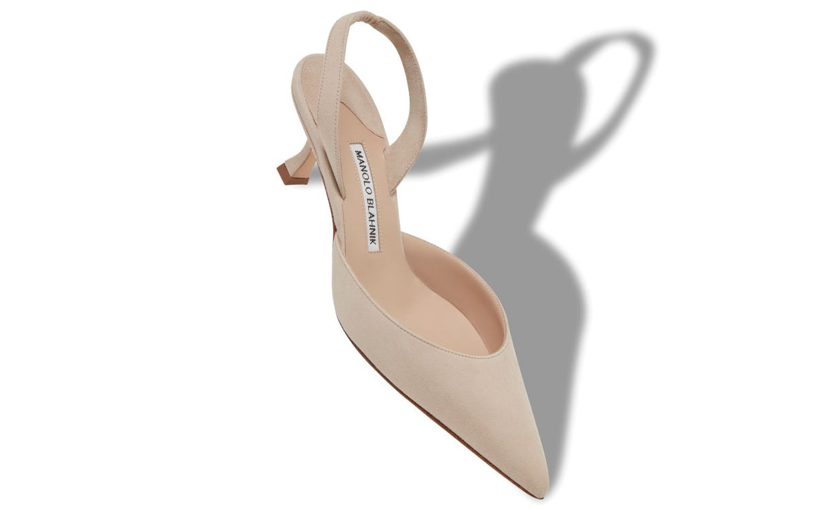 Seraphina Crown Neutral Slingback Slingbacks – front three-quarter view showing neutral slingback, almond toe, suede…