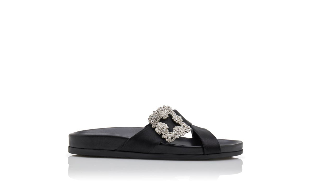 Adriana Grace Black Jewel Buckle Mules – side profile showing black jewel buckle, crossover, open toe, satin, Vowalisse