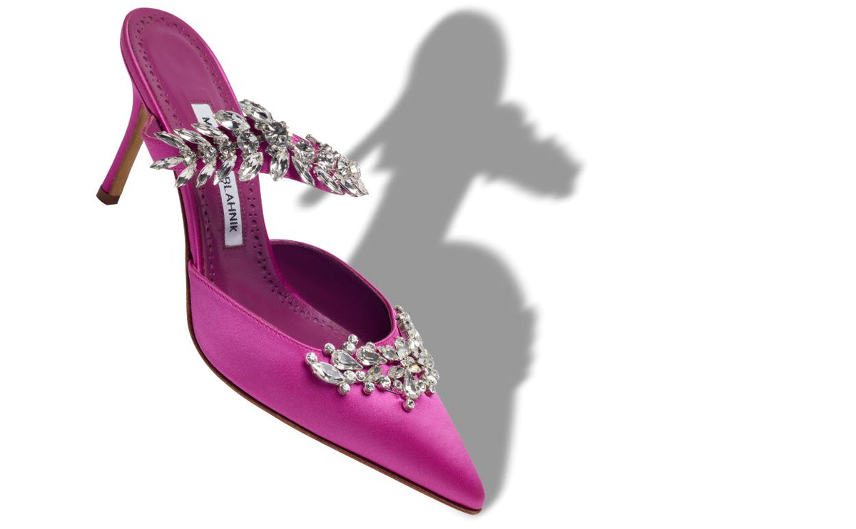 Estelle Shine Purple Crystal Embellished Mules – front three-quarter view showing purple crystal embellished, pointed toe…