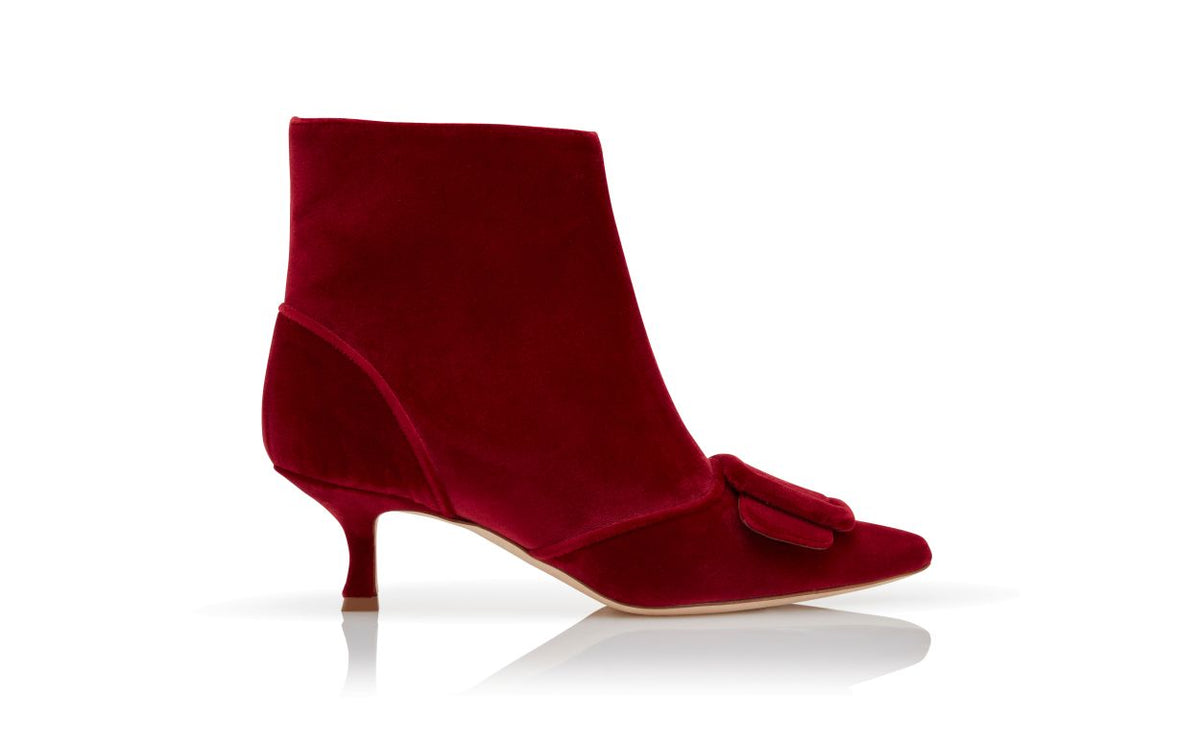 Estelle Jewel Red Pointed Toe Ankle Boots – side profile showing red pointed toe, velvet, Vowalisse