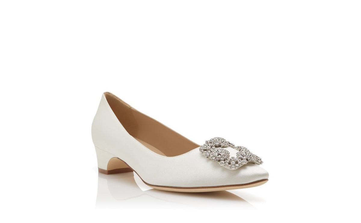 Leonora Halo White Jewel Buckle Pumps – top view showing white jewel buckle, crystal buckle, almond toe, satin, Vowalisse