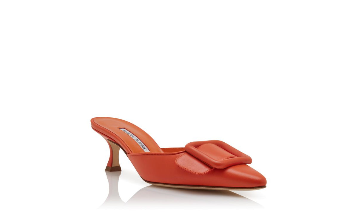 Elara Rose Orange Pointed Toe Mules – top view showing orange pointed toe, nappa leather, Vowalisse